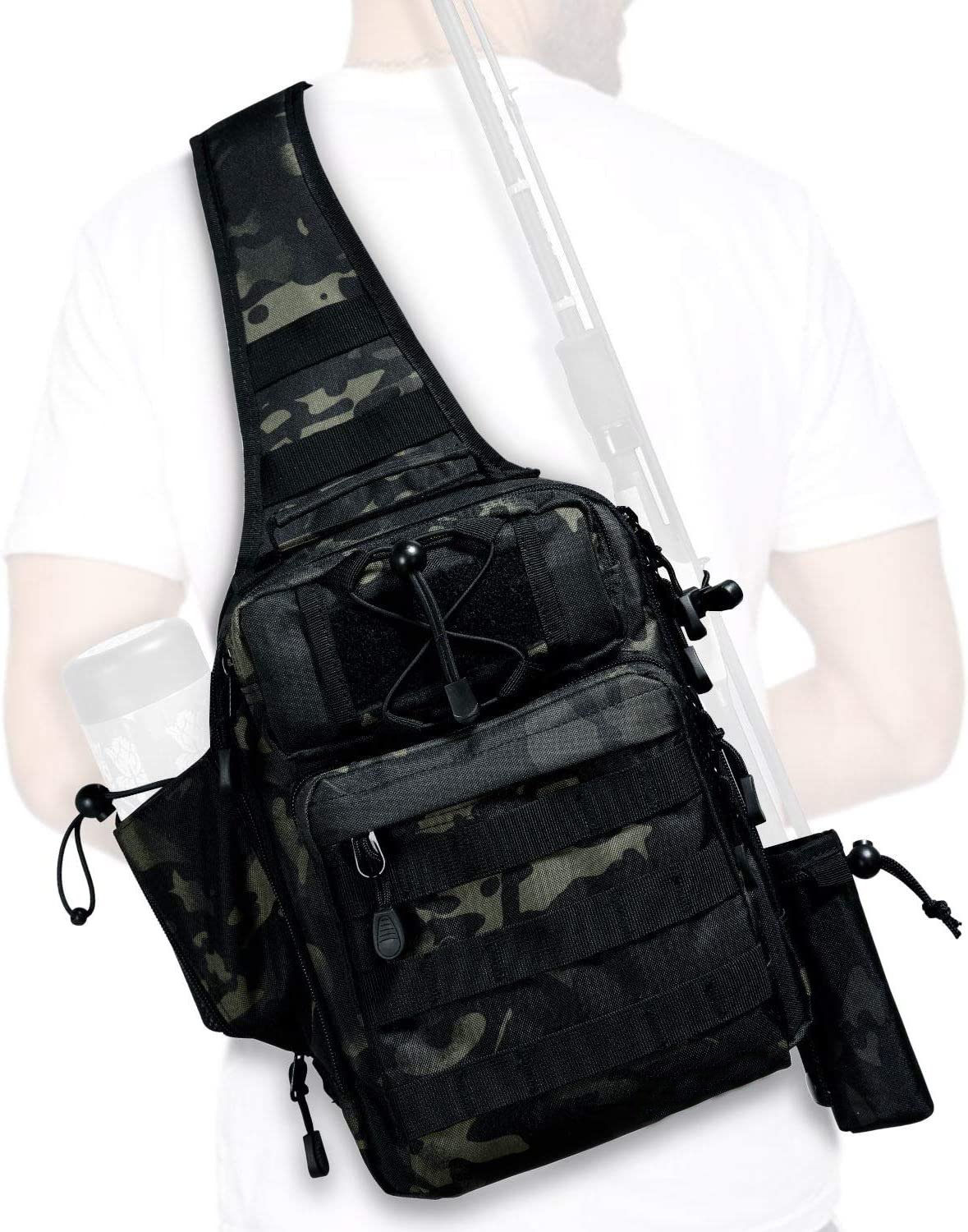 Fishing Tackle Sling Shlouder Backpack with Fishing Rod Holder, Water Resistant , Large Storage